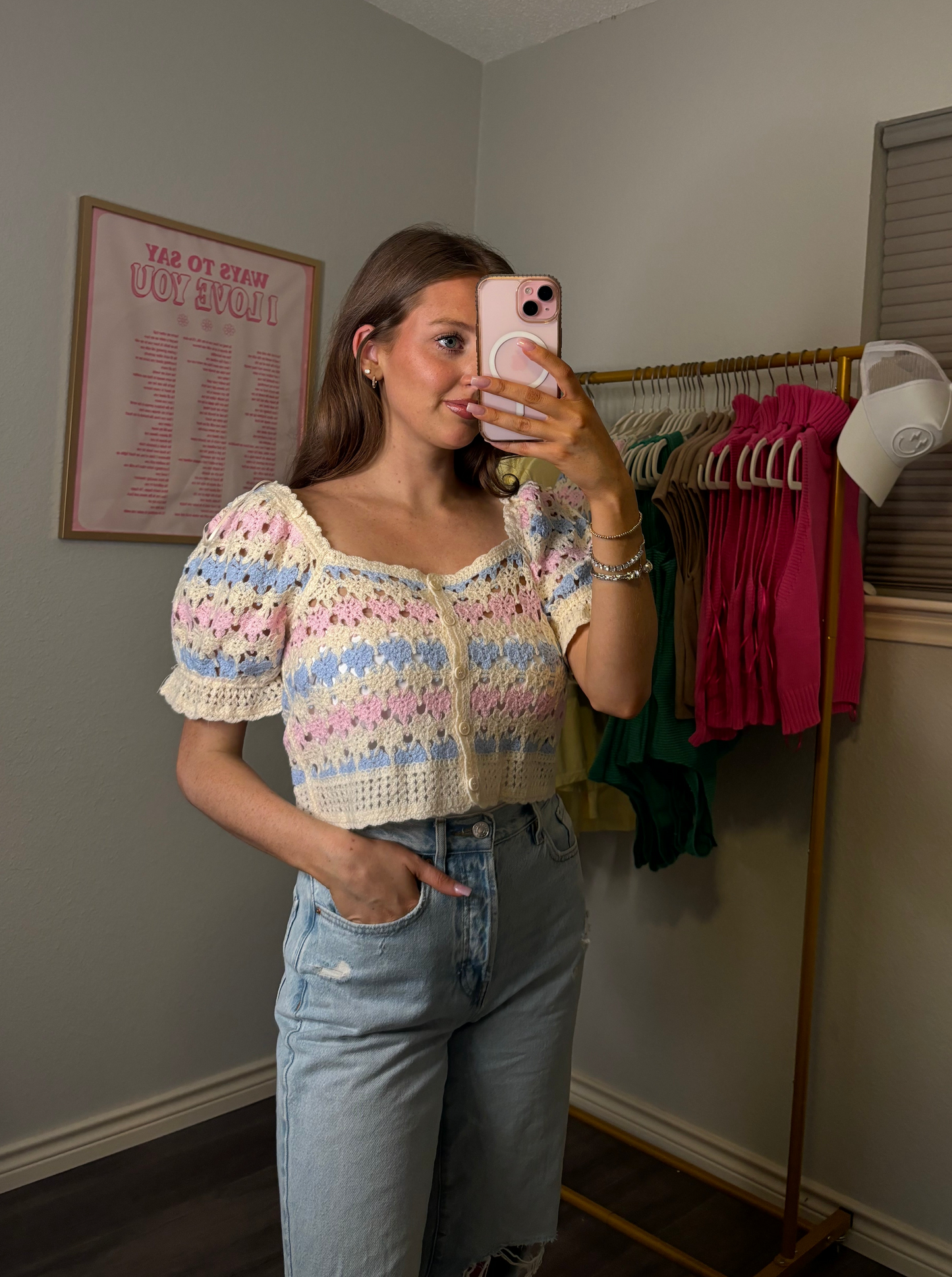 Puff Sleeve Crop Top- Pink/Blue/Cream