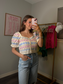 Puff Sleeve Crop Top- Pink/Blue/Cream