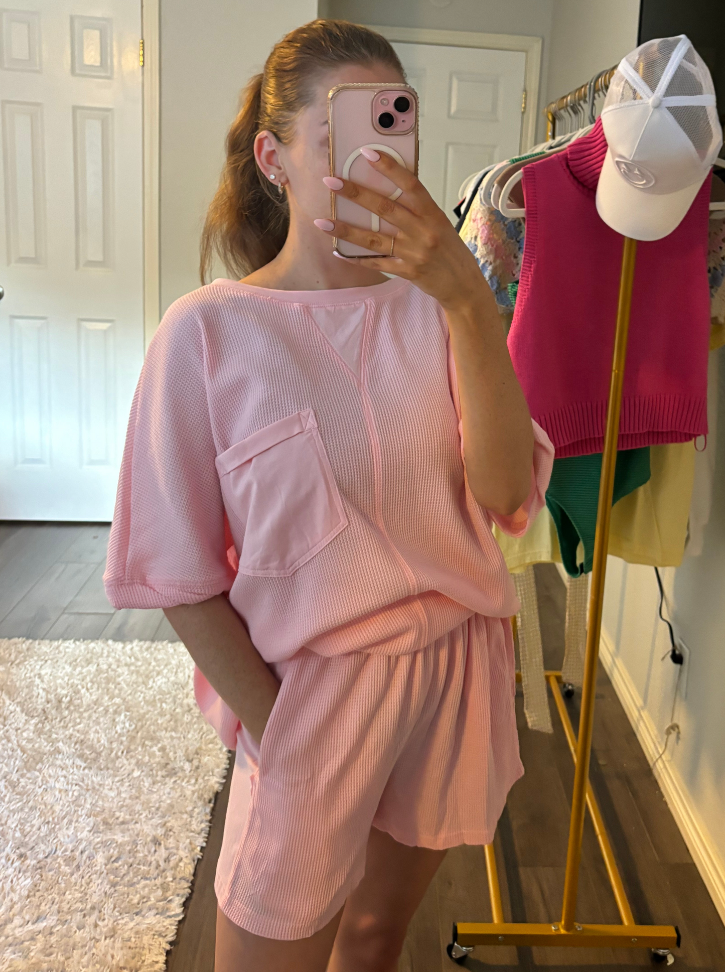 Micah Waffle Knit Oversize Tee and Shorts Set - Pink